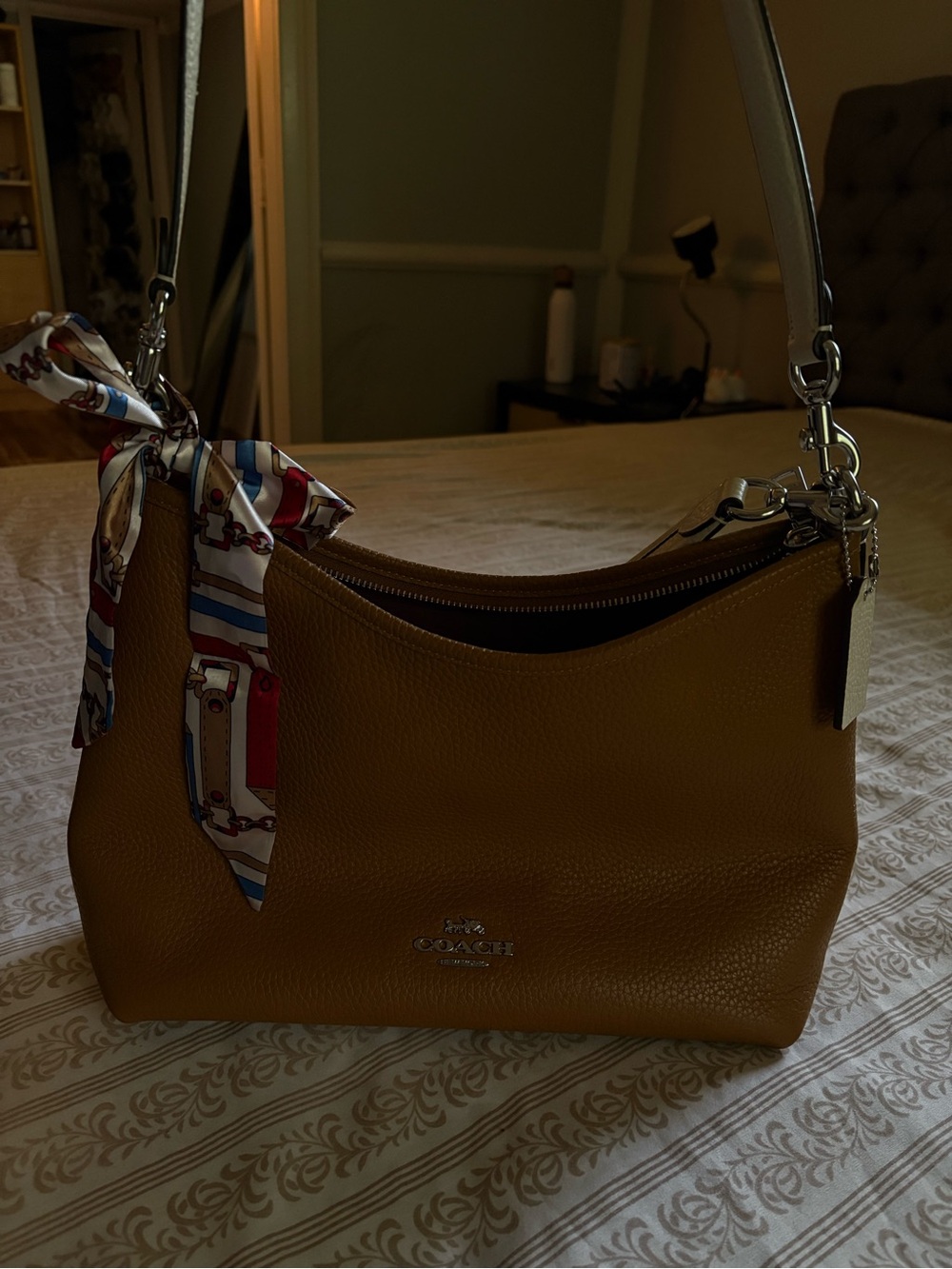 Coach Pebbled Leather Shoulder Bag in Saddle with Scarf Accent